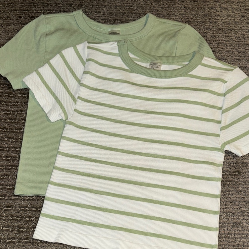 LOT OF TWO (2) One Step Ahead Size S/M Sage Green Solid & Striped Tee Set